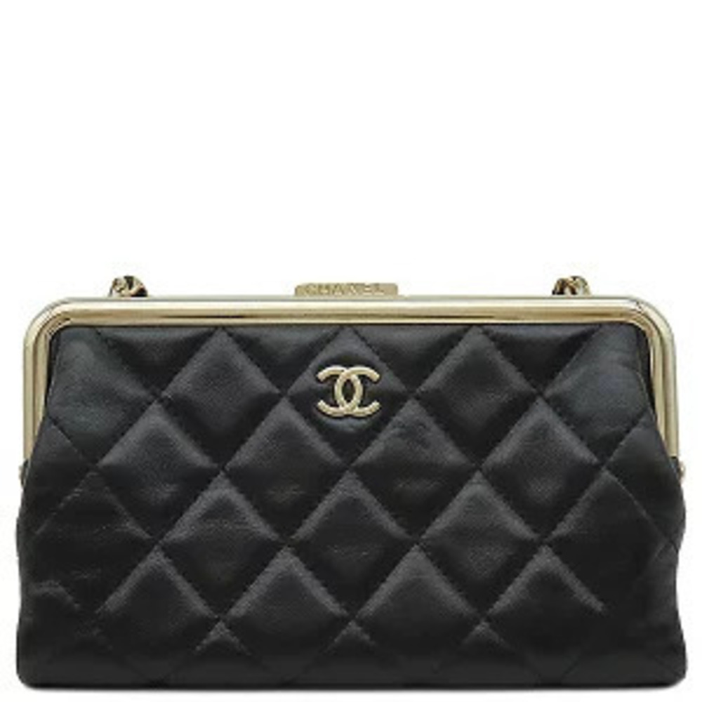 Chanel Chain Wallet Matelasse Shoulder Bag Calfskin Black Clasp Closure